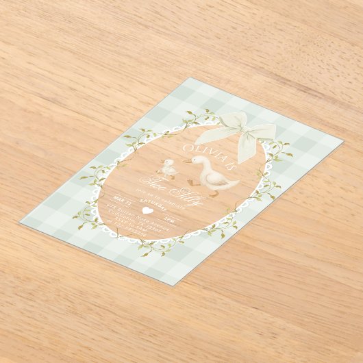 Two Silly Whimsical Sage Gingham 2nd Birthday アクリル招待状 (レイダウン)