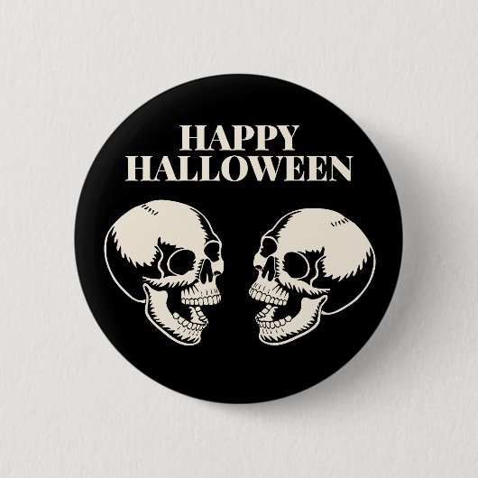 Two Skulls Laughing Happy Halloween 缶バッジ (正面)