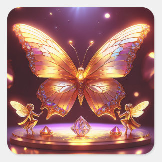 Two Small Fairies Surround A Golden Butterfly スクエアシール
