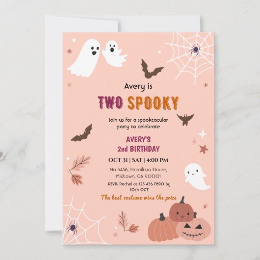 Two Spooky Halloween Birthday Ghost Peach bats 招待状 (正面)