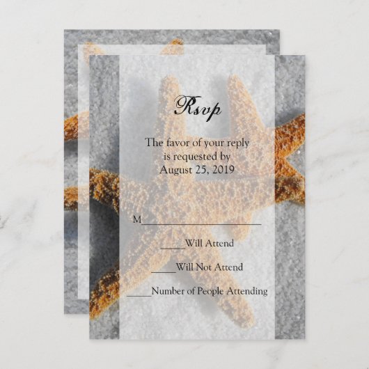 Two Starfish & Sand、ビーチ結婚式RSVP返信カード インビテーションポストカード (正面/裏面)