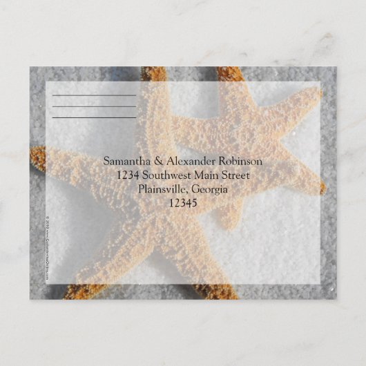 Two Starfish & Sand、ビーチ結婚式RSVP返信カード インビテーションポストカード (裏面)