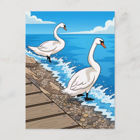 Two swans by a lake postcard ポストカード (正面)