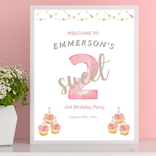 Two Sweet カップケーキ 2歳の誕生日ウェルカムサイン ポスター