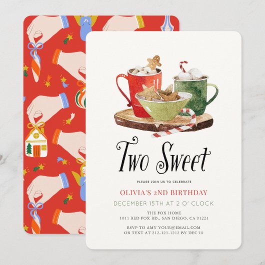 Two Sweet クリスマス クッキー ココアマグ 2歳の誕生日 招待状 (正面/裏面)