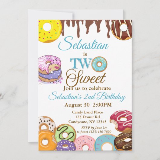 "TWO Sweet" ドーナツ 2歳の誕生日招待状 招待状 (正面)