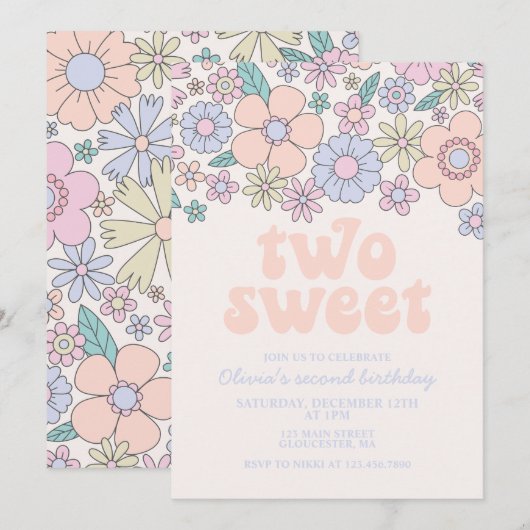 Two Sweet レトロ フラワー 2歳の誕生日 記念 招待状 (正面/裏面)