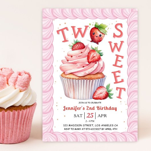 TWO SWEET 2nd Birthday Pink Girl Strawberry 招待状