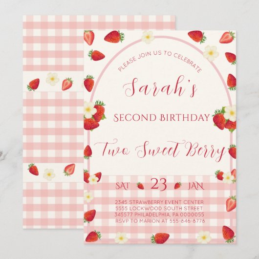 Two Sweet Berry ストロベリー 2歳の誕生日招待状 (正面/裏面)