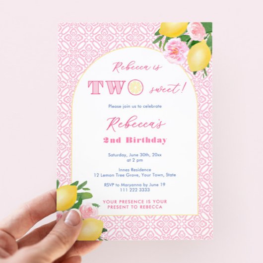 Two Sweet Citrus Pink Flowers 2nd Birthday Party 招待状