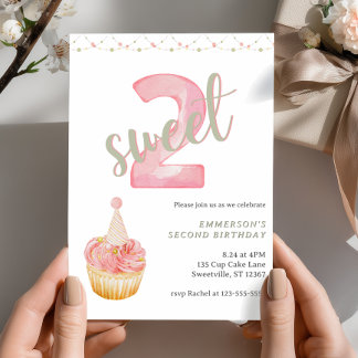 Two Sweet Cute Cupcake 2nd Birthday 招待状