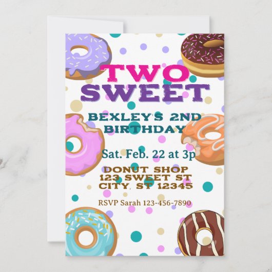 TWO Sweet, donuts and dots 2nd Birthday 招待状 (正面)
