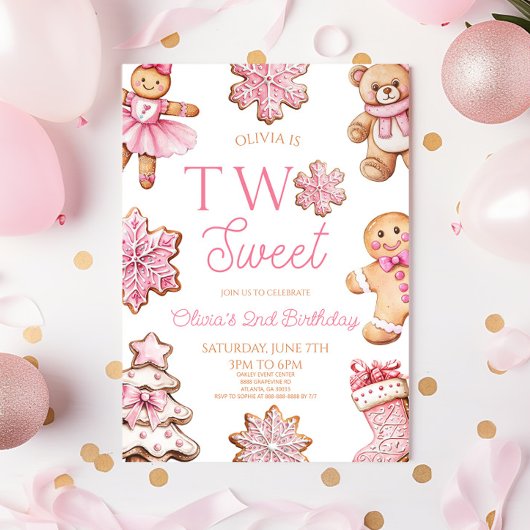 Two Sweet Gingerbread Cookie 2nd Birthday Party 招待状