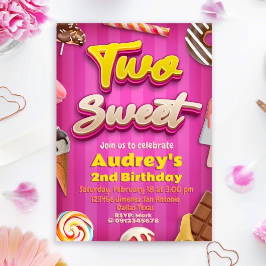Two Sweet - Girl 2nd Birthday 招待状