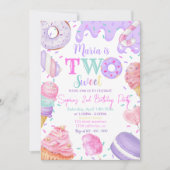 Two Sweet Girl Donut Pastel Purple 2nd Birthday 招待状 (正面)