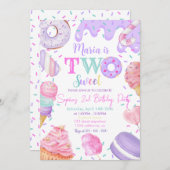 Two Sweet Girl Donut Pastel Purple 2nd Birthday 招待状 (正面/裏面)