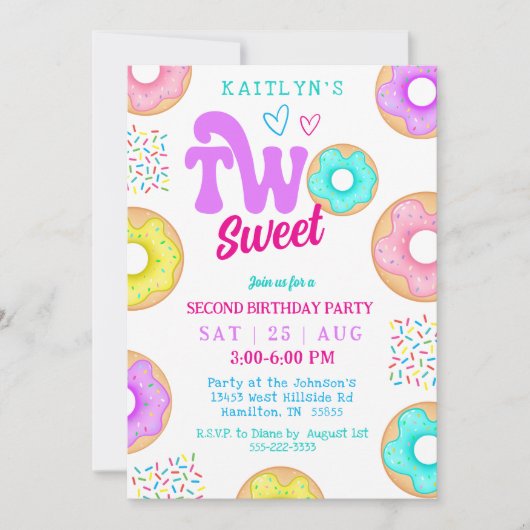Two Sweet Sprinkle Doughnut Second Birthday Party 招待状 (正面)