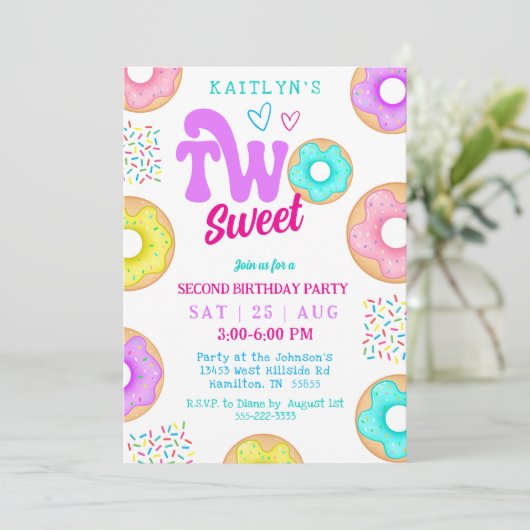 Two Sweet Sprinkle Doughnut Second Birthday Party 招待状 (スタンド正面)