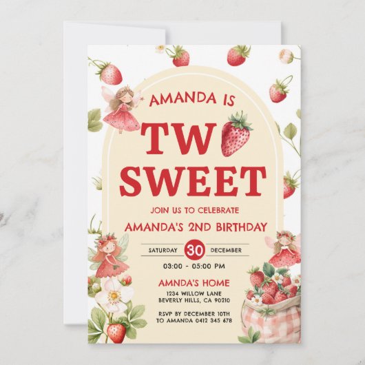 Two Sweet Strawberry 2歳の誕生日パーティー 招待状 (正面)