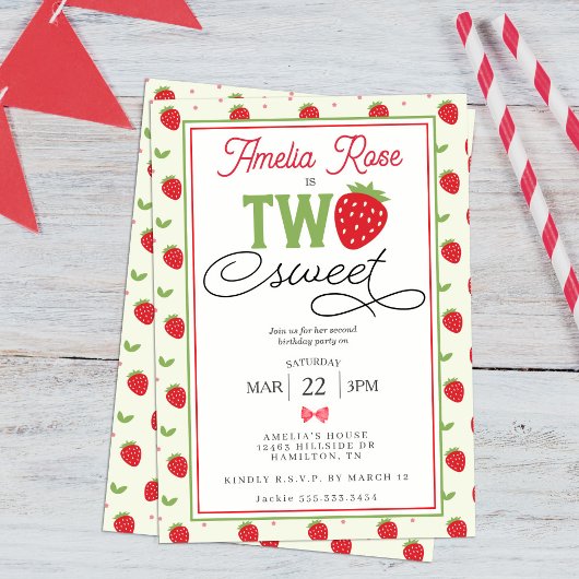 Two Sweet Strawberry 2nd Birthday Party 招待状