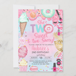 Two Sweet Two Sassy girl 2nd birthday招待状。 招待状