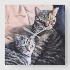 Two Tabby Cats Fine Art Wall Clock スクエア壁時計