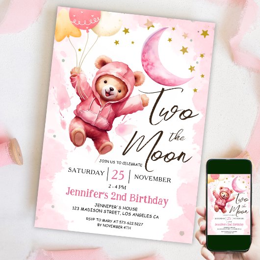 TWO the Moon | ピンクガール2歳の誕生日招待状 招待状
