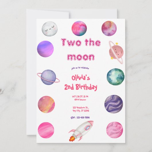 Two the Moon ピンク ガール 2歳 誕生日 招待状 (正面)