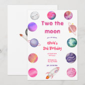 Two the Moon ピンク ガール 2歳 誕生日 招待状 (正面/裏面)