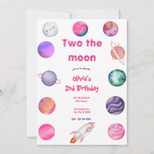 Two the Moon ピンク ガール 2歳 誕生日 招待状