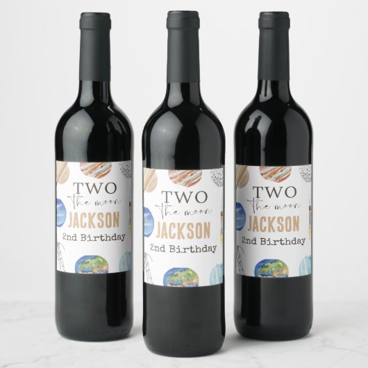 Two The Moon | モダン宇宙 2歳の誕生日デコレーション ワインラベル (ボトル)