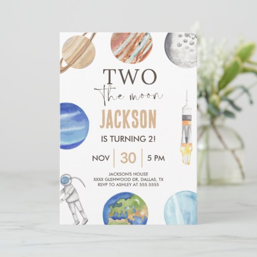 Two The Moon | モダン宇宙 2歳の誕生日装飾 招待状 (スタンド正面)