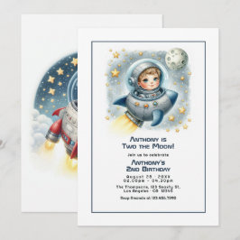 “Two the Moon” ロケット幼児の誕生日パーティー 招待状