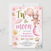 Two The Moon! 女の子宇宙飛行士 宇宙 2歳 誕生日 招待状 (正面)