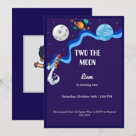 Two the Moon 2歳の誕生日招待状 スペース ロケット  招待状 (正面/裏面)