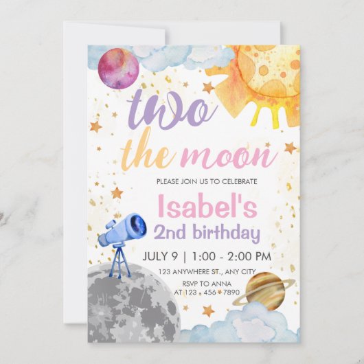 Two the Moon 2歳の誕生日 スペーステーマの誕生日 招待状 (正面)