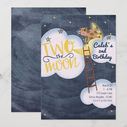 TWO THE MOON 2歳の誕生日 牛 乳児の韻 招待状 (正面/裏面)