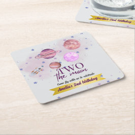 Two The Moon 2nd Birthday Girl Moon Stars Rocket  スクエアペーパーコースター