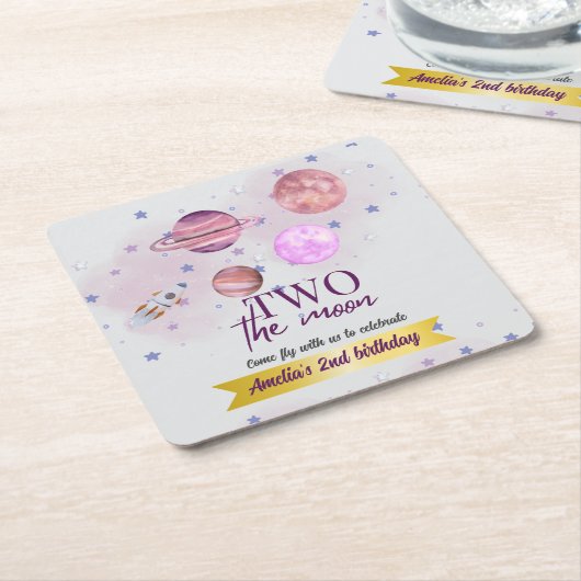 Two The Moon 2nd Birthday Girl Moon Stars Rocket スクエアペーパーコースター (アングル)