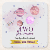 Two The Moon 2nd Birthday Girl Moon Stars Rocket スクエアペーパーコースター (正面)