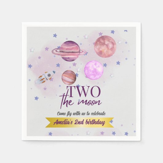 Two The Moon 2nd Birthday Girl Moon Stars Rocket  スタンダードカクテルナプキン (正面)