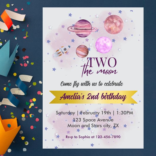 Two The Moon 2nd Birthday Girl Moon Stars Rocket  招待状