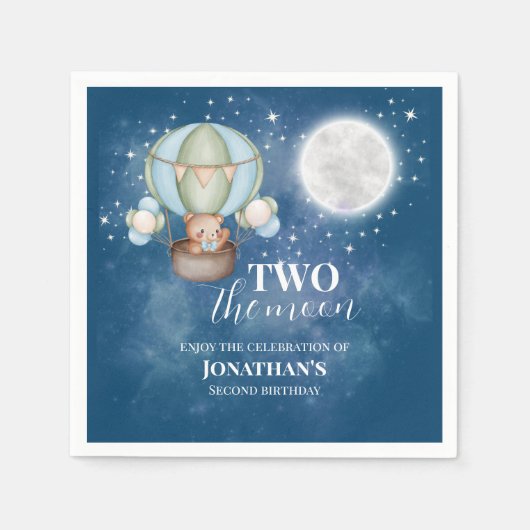 Two The Moon Boy Bear Balloon 2歳の誕生日 スタンダードカクテルナプキン (正面)