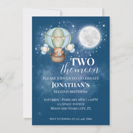 Two The Moon Boy Bear Balloon 2nd Birthday  招待状 (正面)