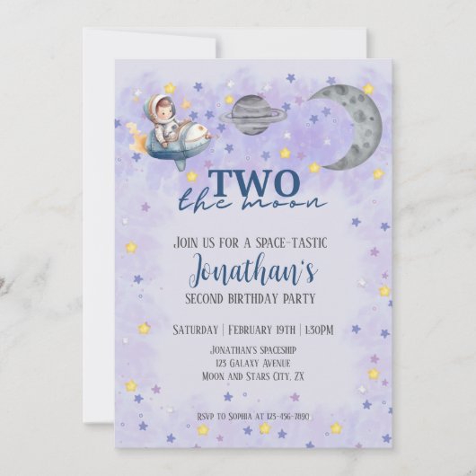 Two The Moon Boy Space Rocket 2nd Birthday 招待状 (正面)