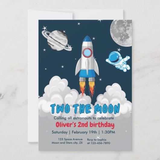 Two The Moon Boy Space Rocket 2nd Birthday  招待状 (正面)