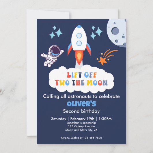 Two The Moon Boy Space Rocket Lift Off 2nd Bday 招待状 (正面)