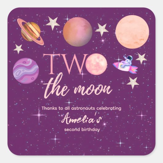Two The Moon Girl Space ピンクの惑星 2歳の誕生日 スクエアシール (正面)