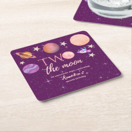 Two The Moon Girl Space Pink Planets 2nd Bday スクエアペーパーコースター