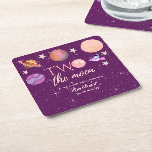 Two The Moon Girl Space Pink Planets 2nd Bday スクエアペーパーコースター (アングル)